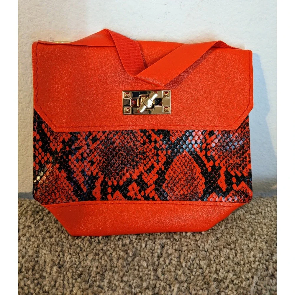 Snakeskin Red‎ Crossbody Bag Gold Chain Strap Party Clutch PU Leather NEW